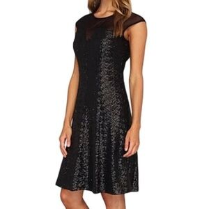 Calvin Klein Black Sequin Mesh Fit & Flare Dress Sz 8 Cap Sleeve Cocktail Party